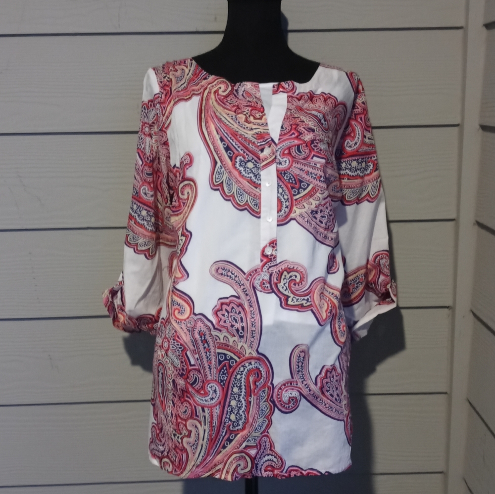 Liz Claiborne Beautiful Crafted White Cayenne Multi Long Sleeve Button Front Top